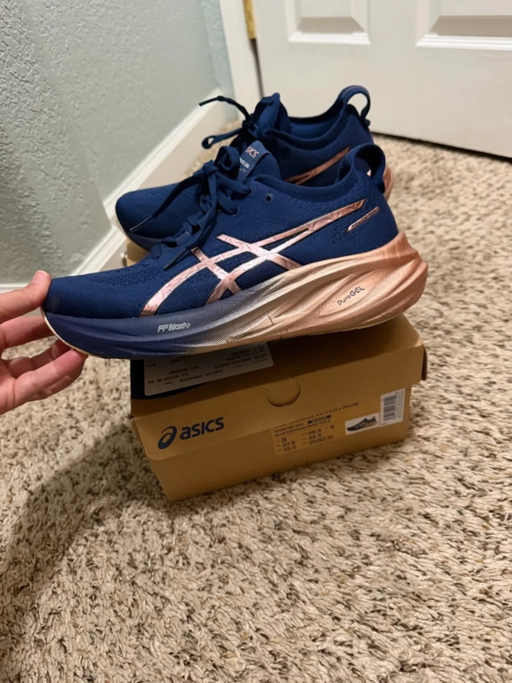 ASICS Navy Blue Running Shoes with Rose Gold Accents - Picture 2 of 2